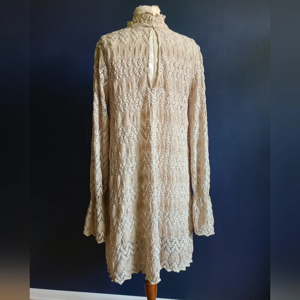 FREE PEOPLE Beige Simone Crochet Lace Shift Mini Dress Large - Picture 8 of 12